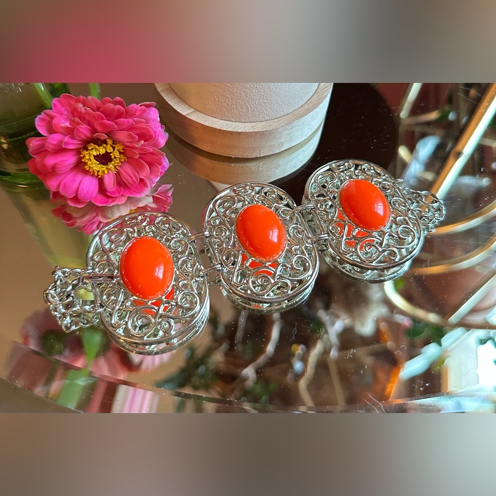 1960's Orange Crush Lucite Silver Scrollwork Chunky Retro Bracelet